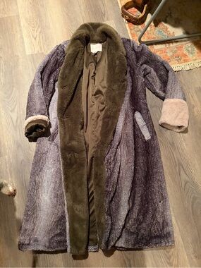 Hutch Long Teddy Coat in Gray with Olive Trim